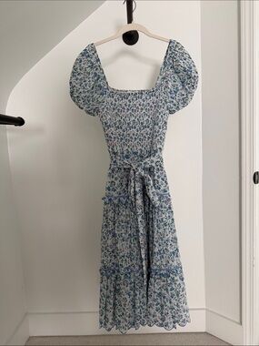 LoveShackFancy Light Blue Floral Puff-Sleeve Midi Dress